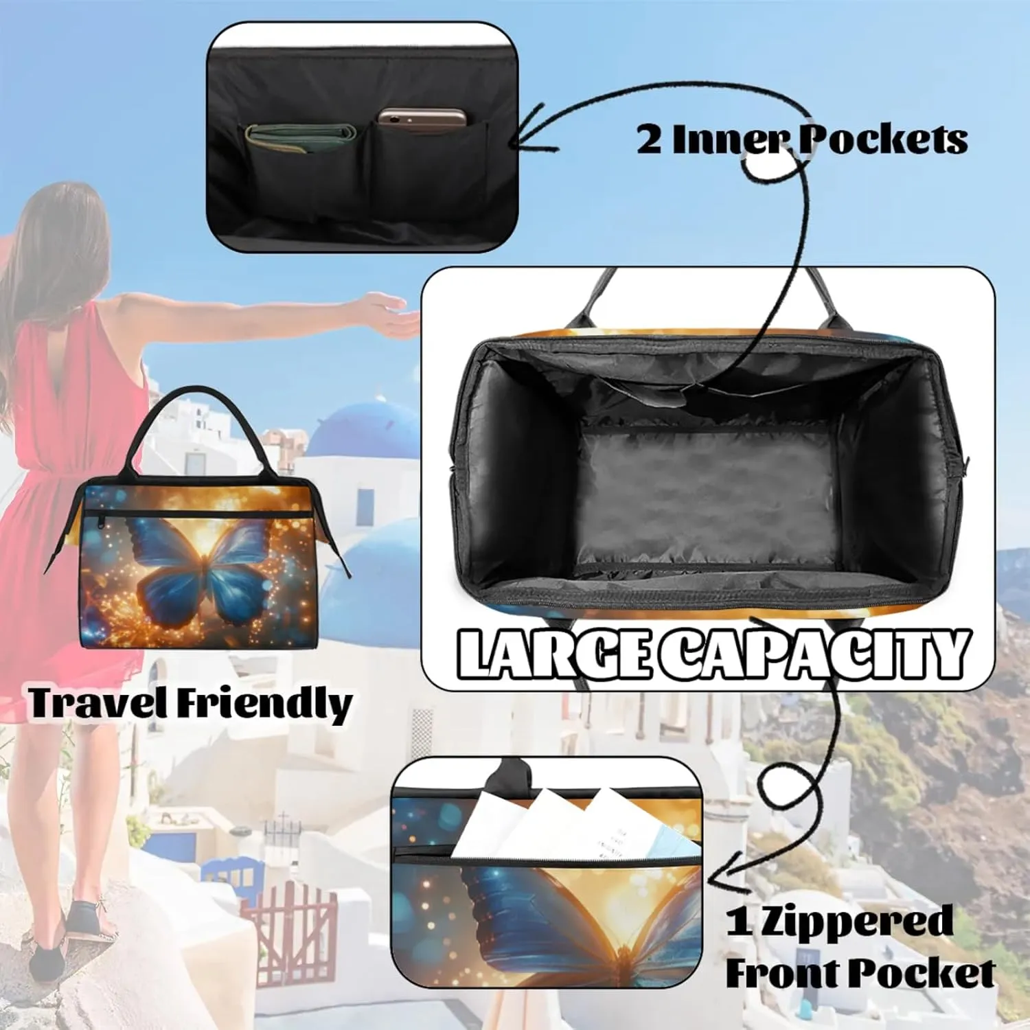 Butterfly Glitter Gym Bag for Women Men Travel Sports Duffel Bag with Trolley Sleeve Waterproof Sports Gym Bag Weekender Overnight Bag Carry On Tote Bag for Travel Gym Sport-k