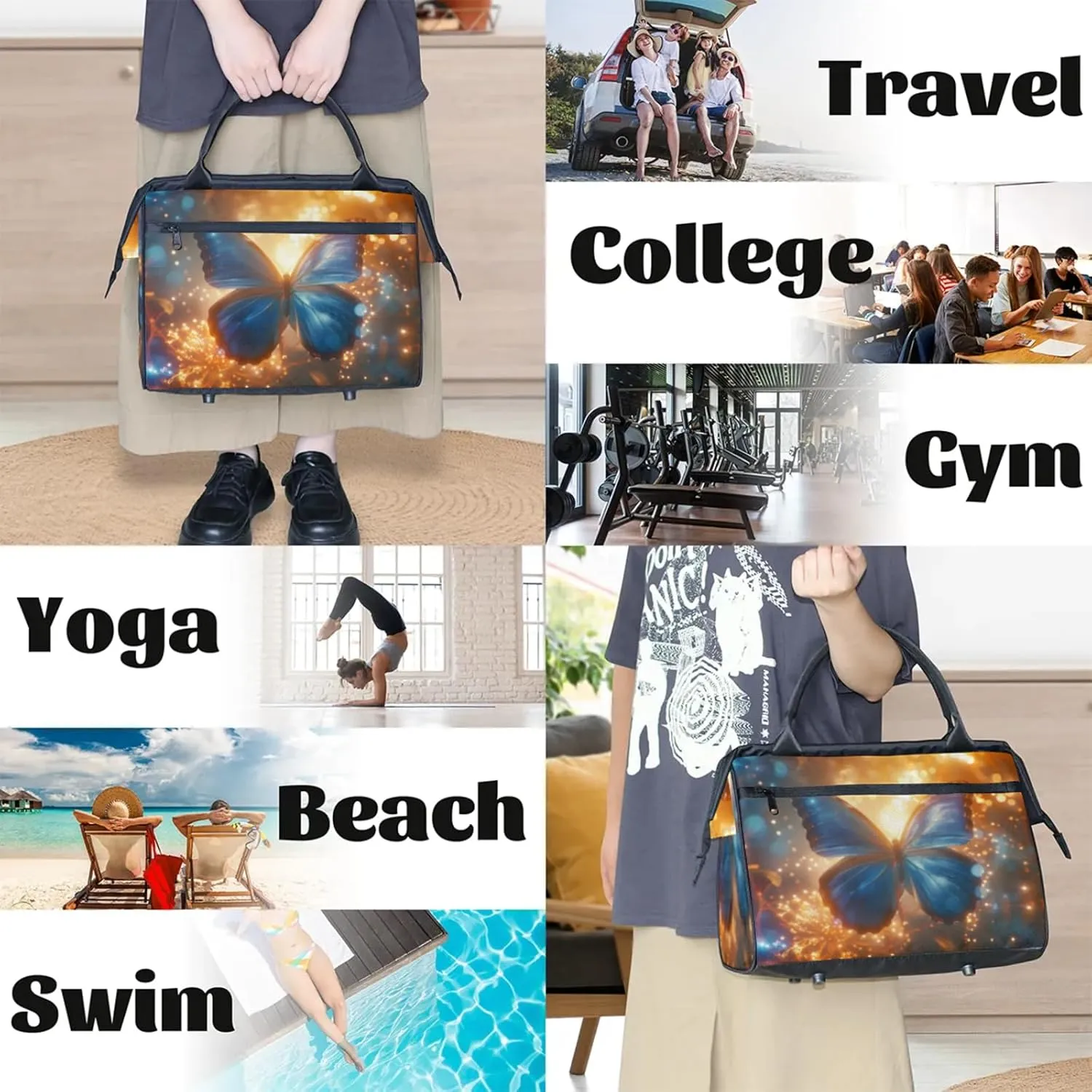Butterfly Glitter Gym Bag for Women Men Travel Sports Duffel Bag with Trolley Sleeve Waterproof Sports Gym Bag Weekender Overnight Bag Carry On Tote Bag for Travel Gym Sport-k