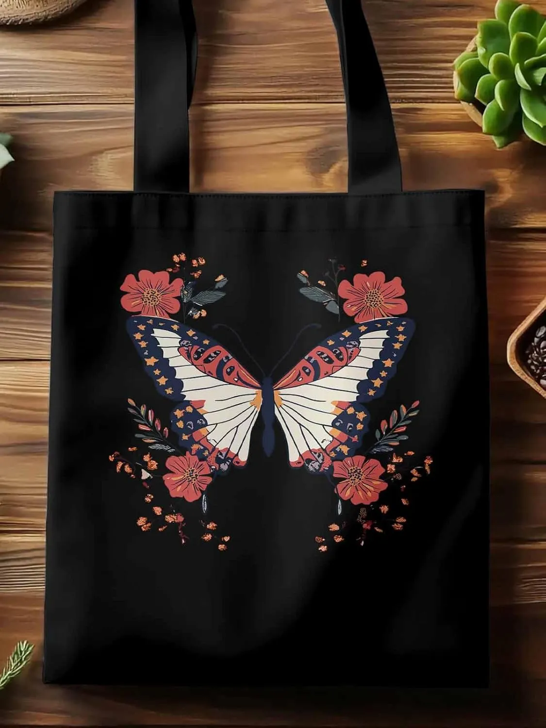 Butterfly Red Minimalist Flower Canvas Tote Bag, Aesthetic Canvas Tote Handbags for Women Shoulder Bag