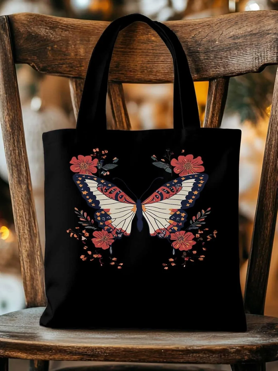 Butterfly Red Minimalist Flower Canvas Tote Bag, Aesthetic Canvas Tote Handbags for Women Shoulder Bag