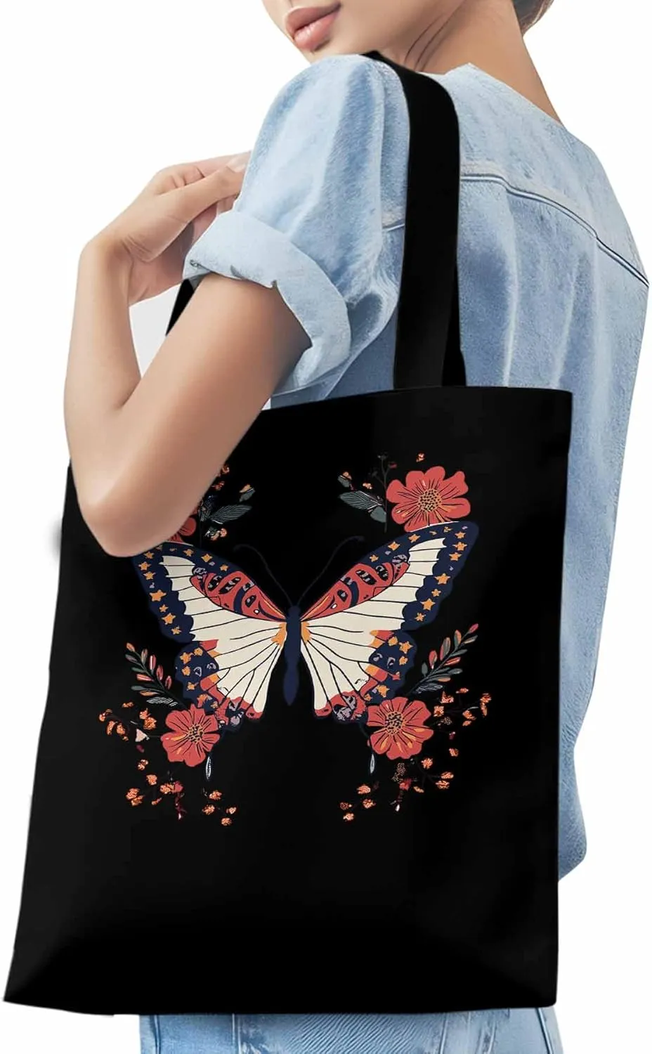Butterfly Red Minimalist Flower Canvas Tote Bag, Aesthetic Canvas Tote Handbags for Women Shoulder Bag