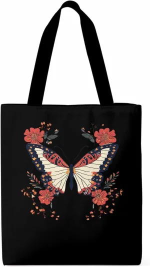 Butterfly Red Minimalist Flower Canvas Tote Bag, Aesthetic Canvas Tote Handbags for Women Shoulder Bag