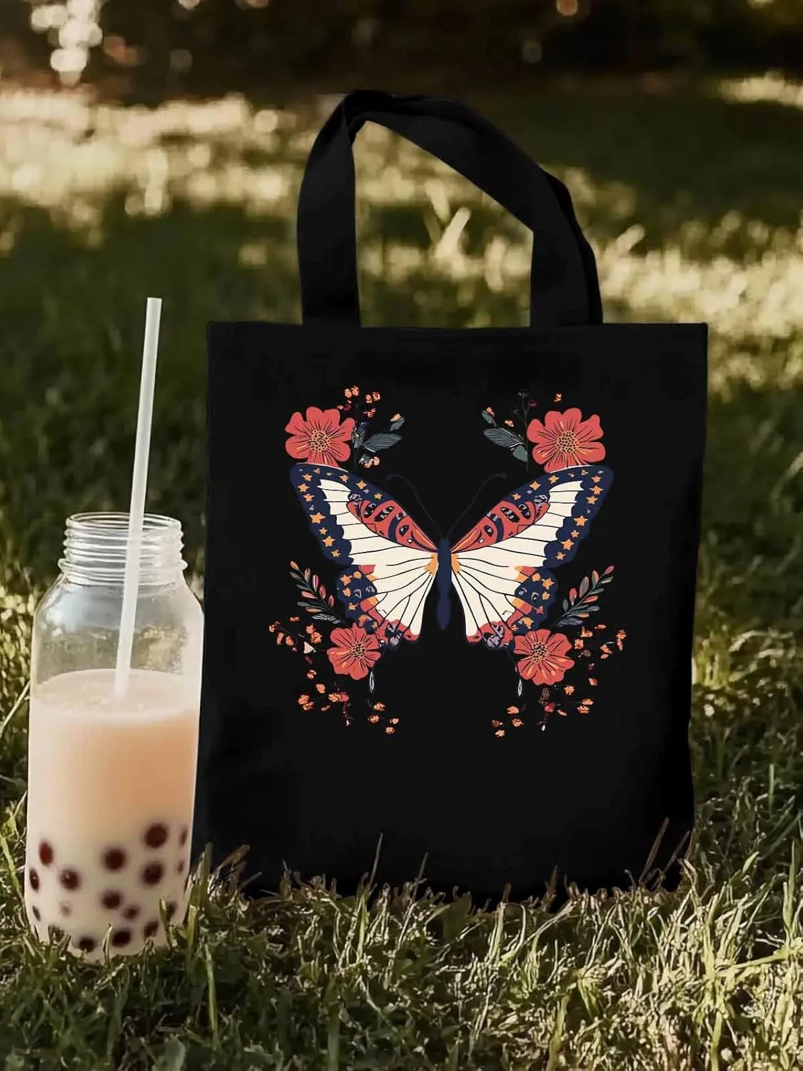 Butterfly Red Minimalist Flower Canvas Tote Bag, Aesthetic Canvas Tote Handbags for Women Shoulder Bag
