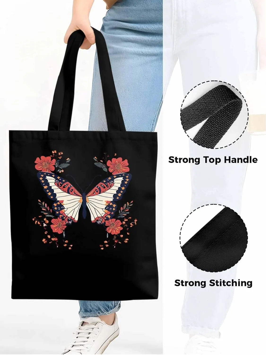 Butterfly Red Minimalist Flower Canvas Tote Bag, Aesthetic Canvas Tote Handbags for Women Shoulder Bag