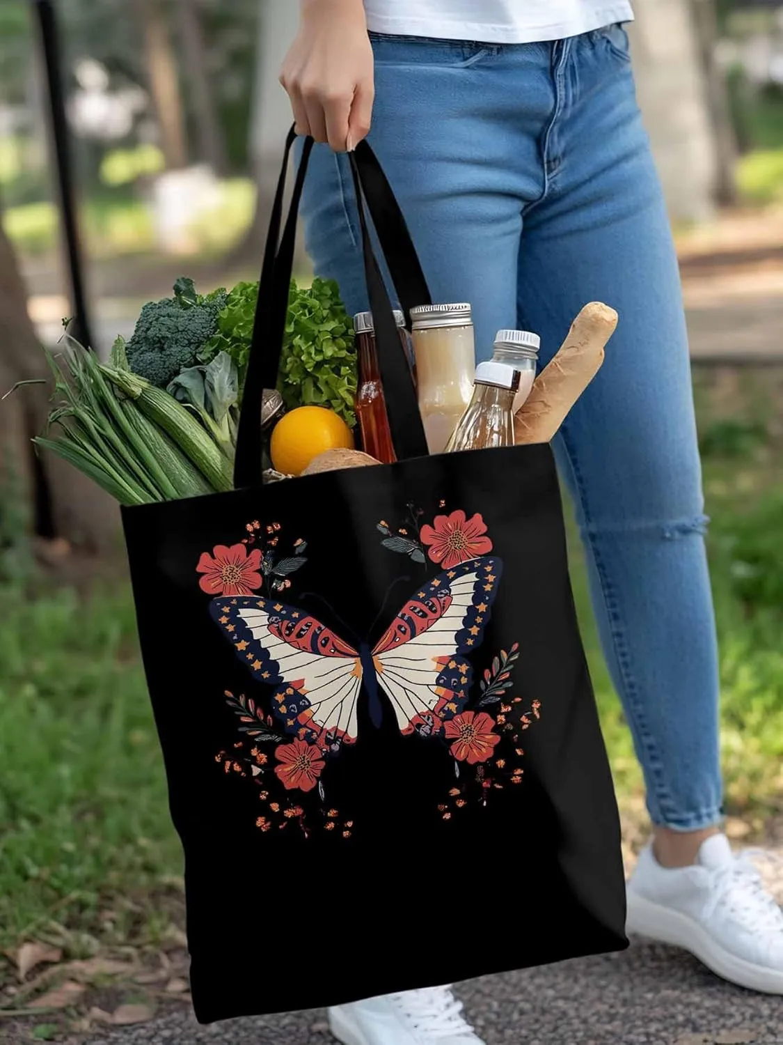 Butterfly Red Minimalist Flower Canvas Tote Bag, Aesthetic Canvas Tote Handbags for Women Shoulder Bag