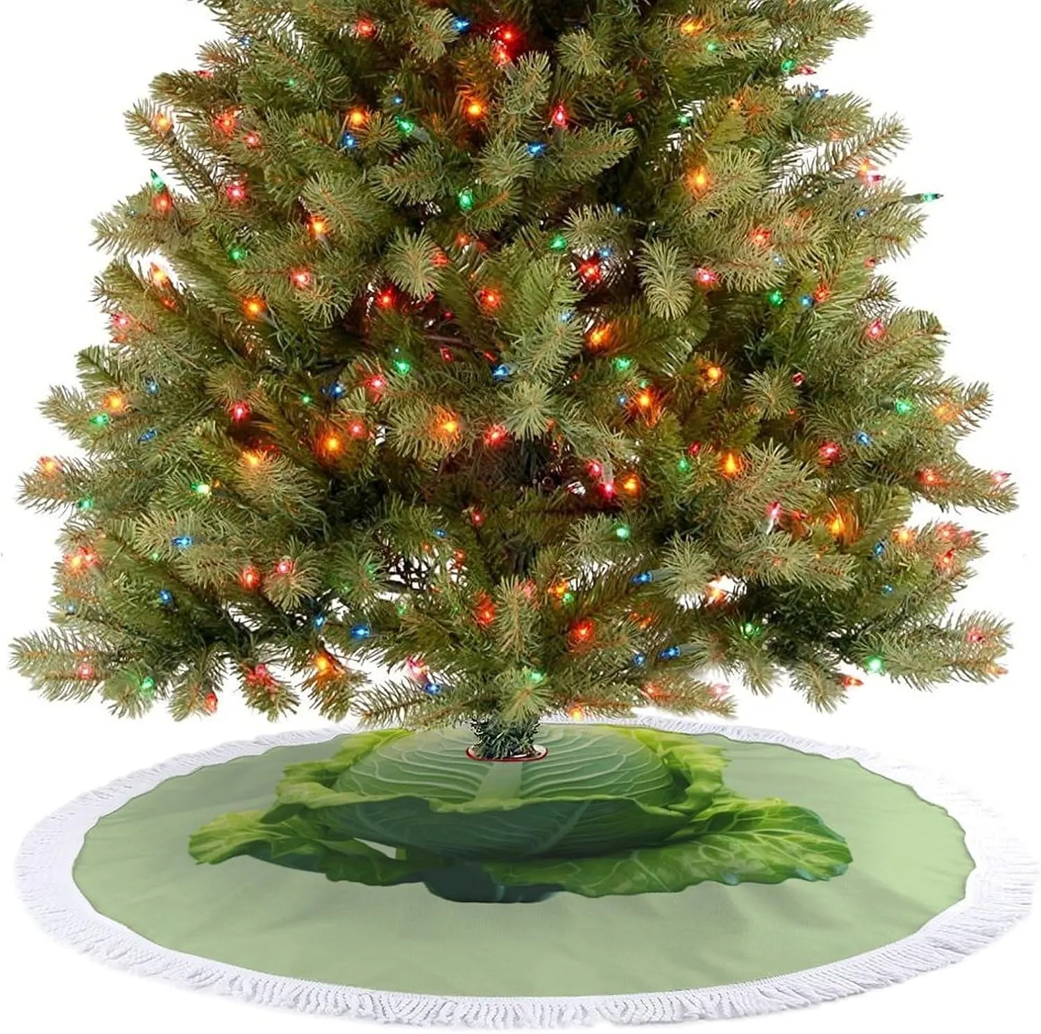Cabbage Christmas Tree Skirt with Tassels Tree Mat for Xmas Festive Holiday Decoration 48"x48"