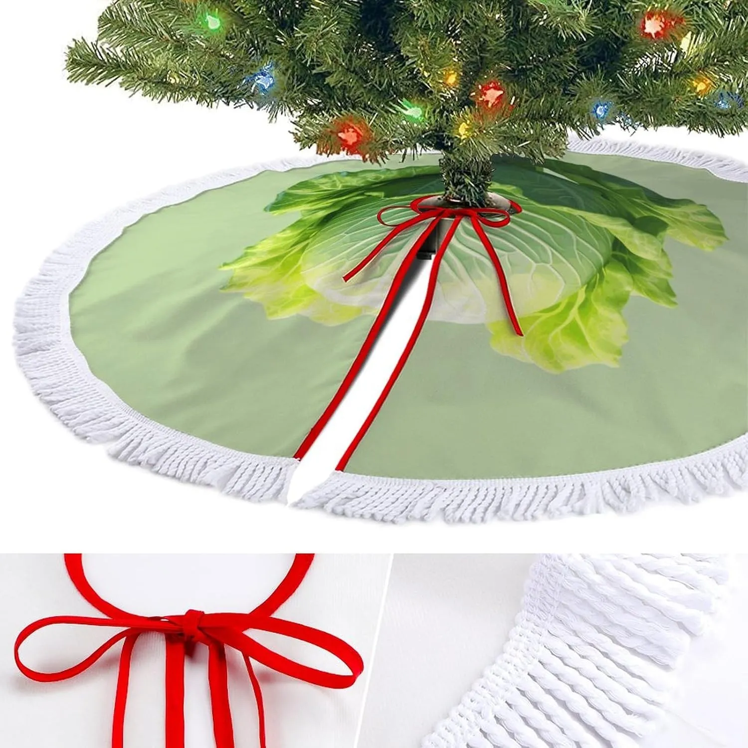 Cabbage Christmas Tree Skirt with Tassels Tree Mat for Xmas Festive Holiday Decoration 48"x48"