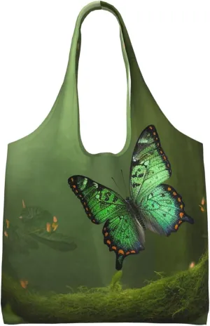 Canvas Aesthetic Tote Bag for Women Handbag Green Forest Butterfly Reusable Grocery Bags with Handles