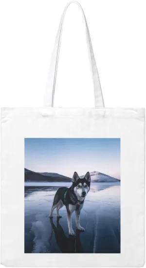 Canvas Aesthetic Tote Bag for Women Handbag Husky Dog on a Frozen Lake Reusable Grocery Bags with Handles