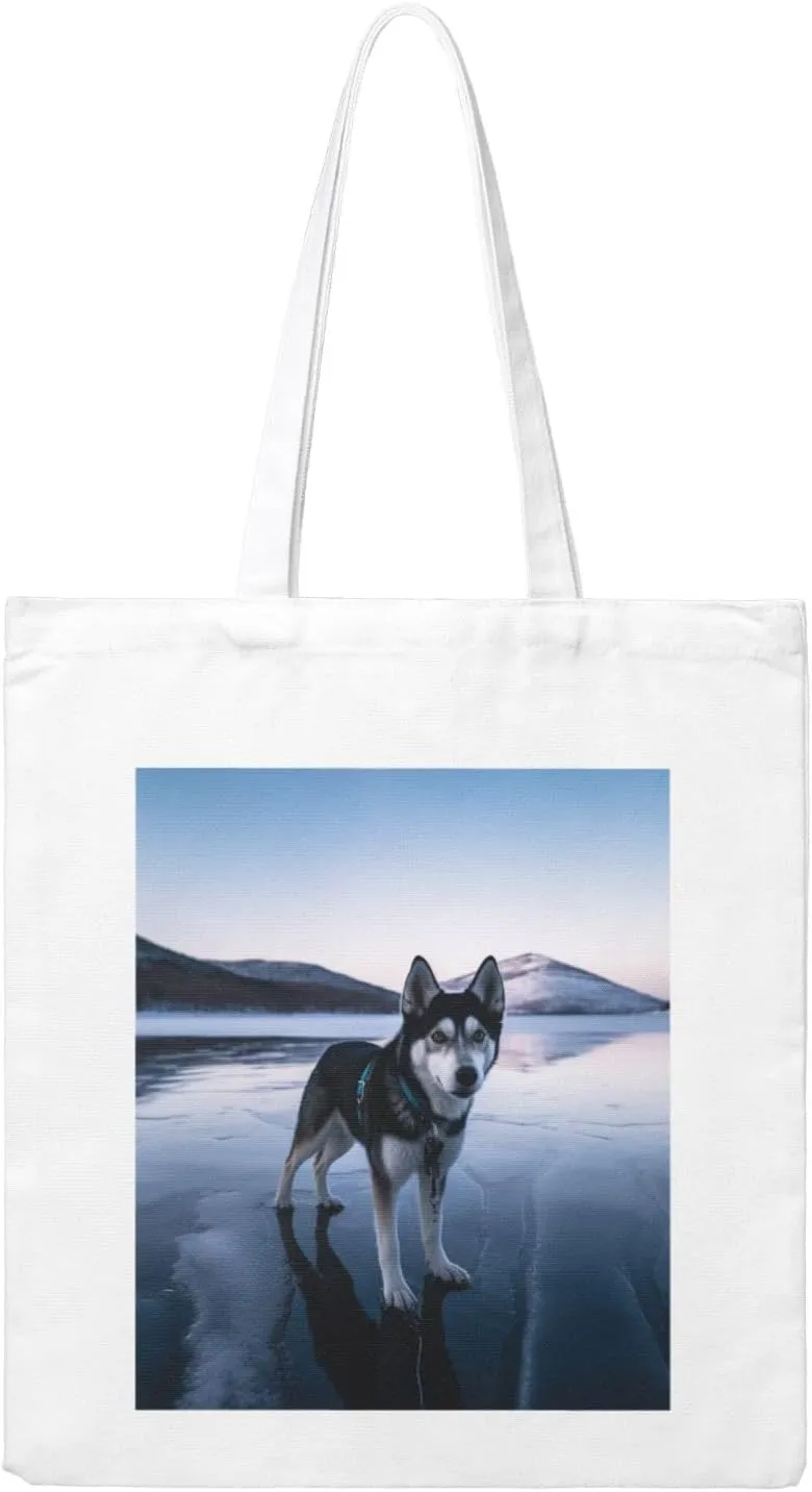 Canvas Aesthetic Tote Bag for Women Handbag Husky Dog on a Frozen Lake Reusable Grocery Bags with Handles