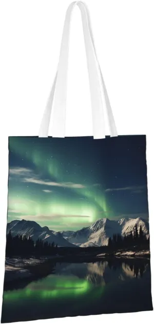 Canvas Aesthetic Tote Bag for Women Handbag Northern Aurora Night Reusable Grocery Bags with Handles
