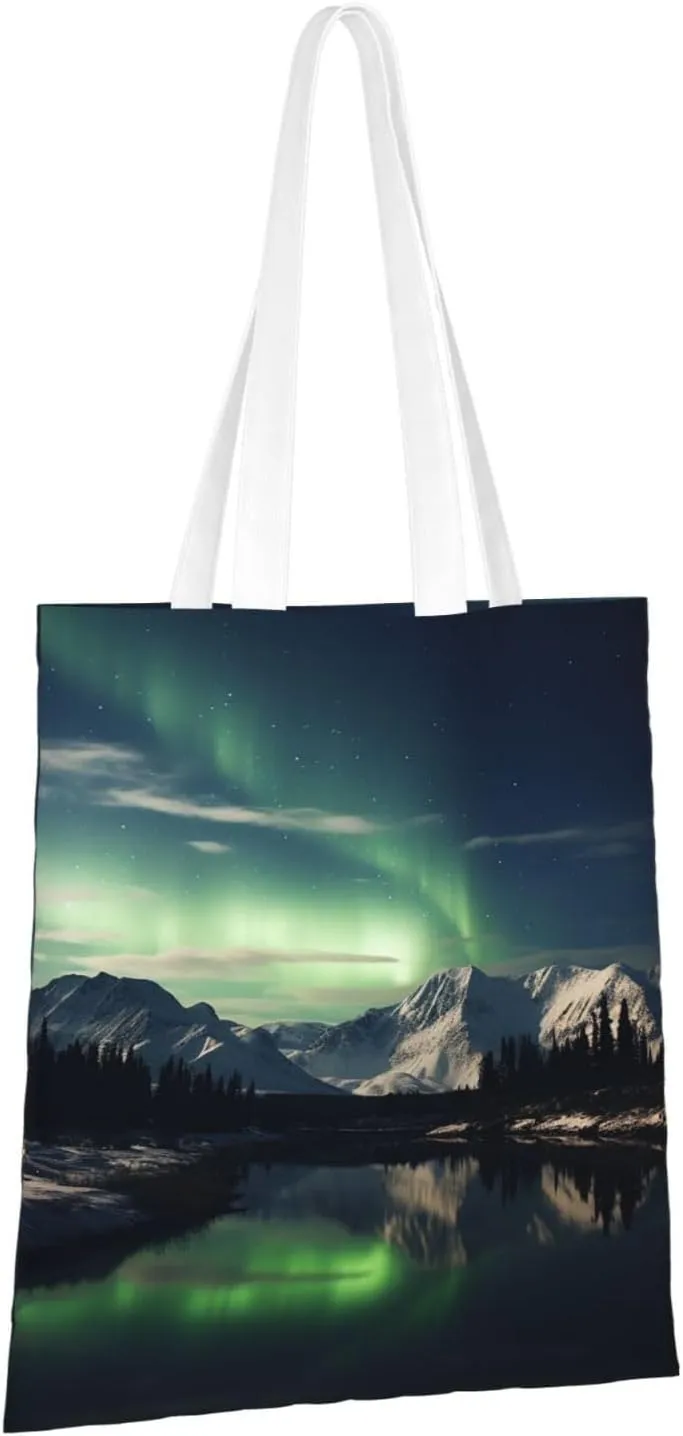 Canvas Aesthetic Tote Bag for Women Handbag Northern Aurora Night Reusable Grocery Bags with Handles