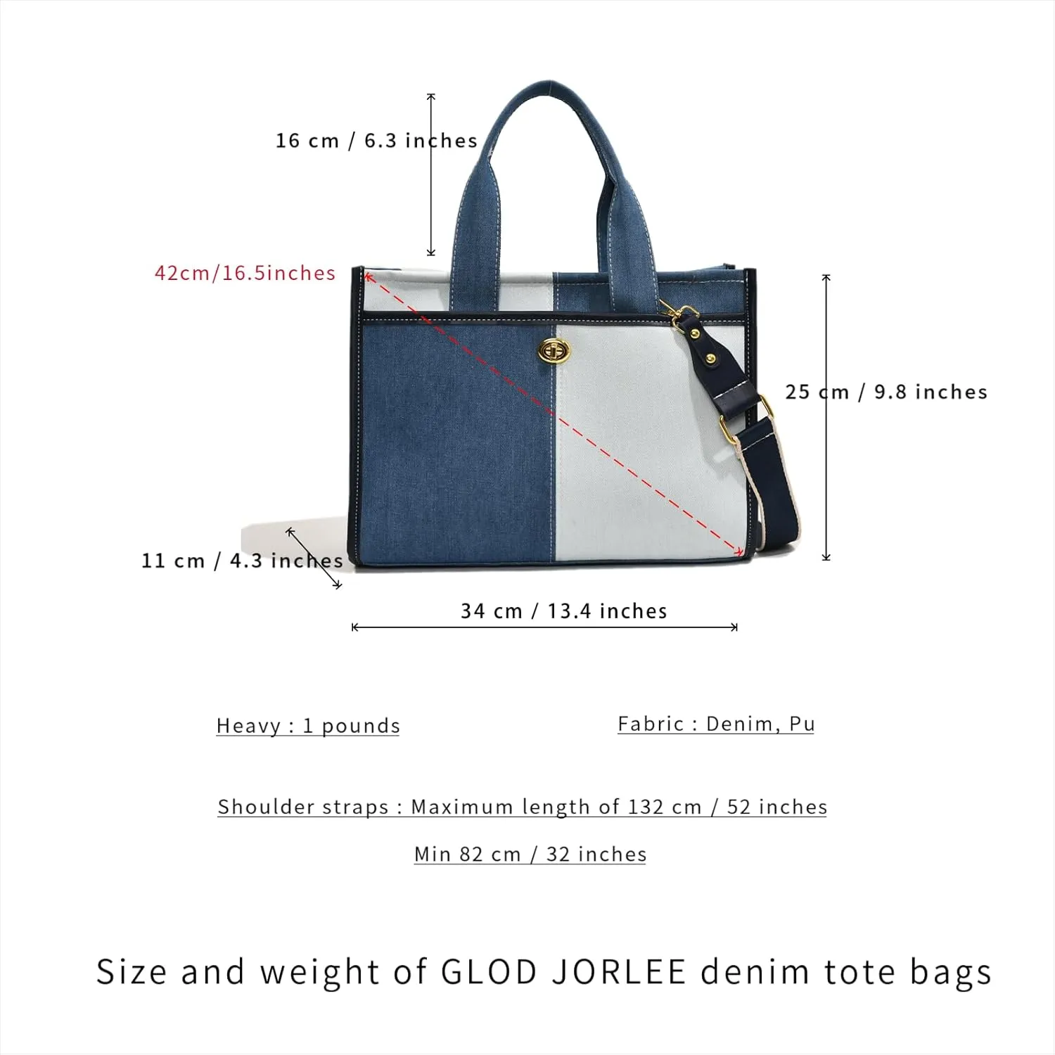 Canvas Denim Tote Bag for Women, Two Tone Splicing, Leather Accents, Medium