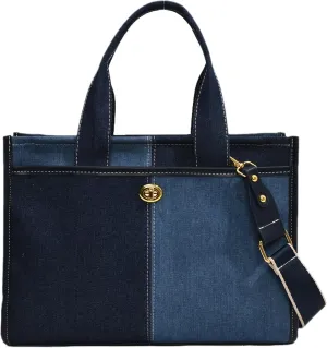 Canvas Denim Tote Bag for Women, Two Tone Splicing, Leather Accents, Medium