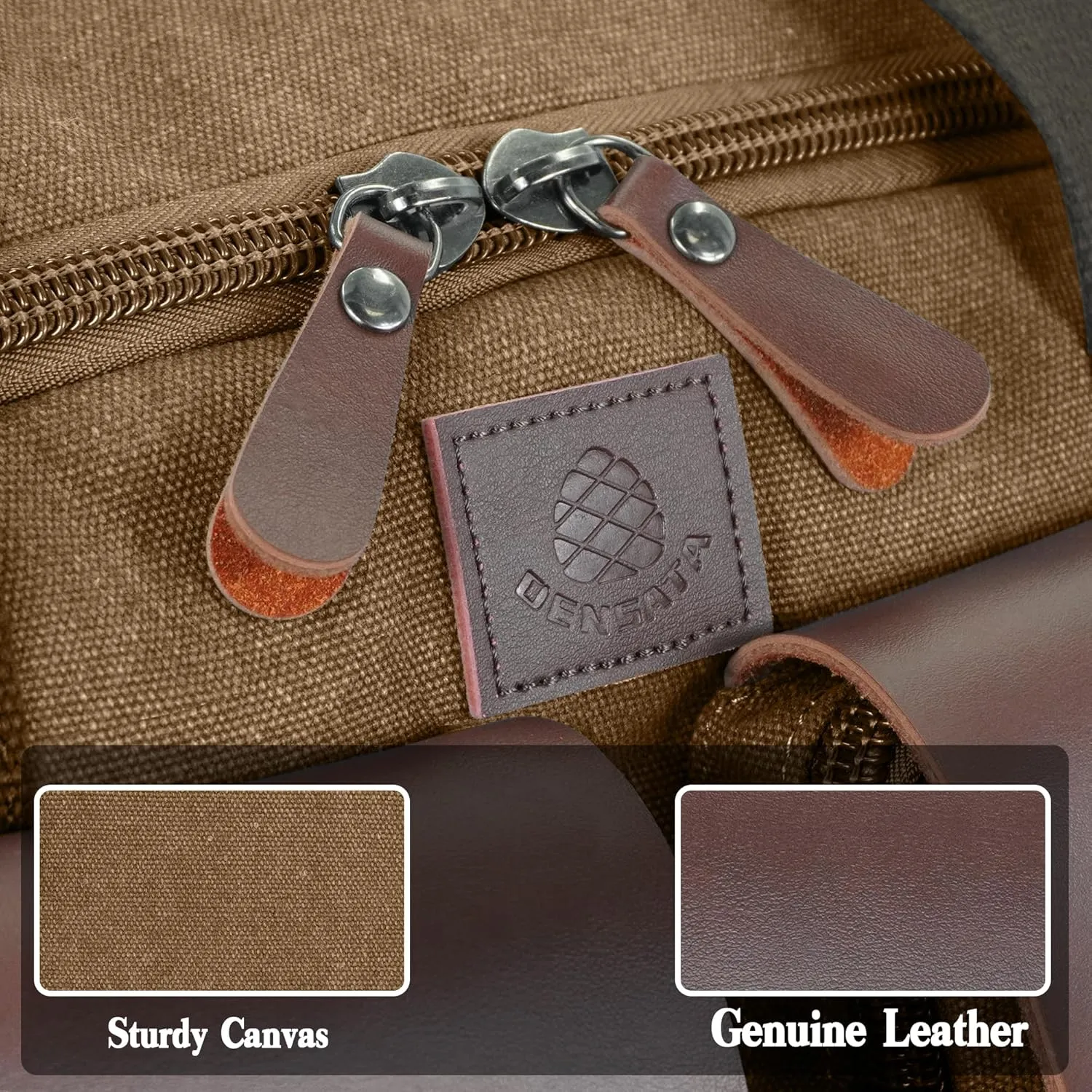 Canvas Duffle Bag for Men 50L Travel Duffel Bags Expandable Genuine Leather Duffel Overnight Weekender Carry On Bag Two Zipper Pockets Travel Bag (Coffee, Large-50L)