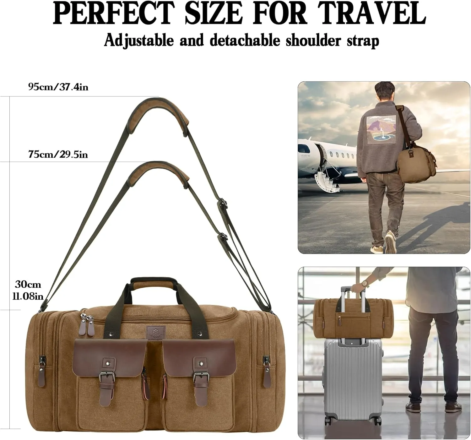 Canvas Duffle Bag for Men 50L Travel Duffel Bags Expandable Genuine Leather Duffel Overnight Weekender Carry On Bag Two Zipper Pockets Travel Bag (Coffee, Large-50L)