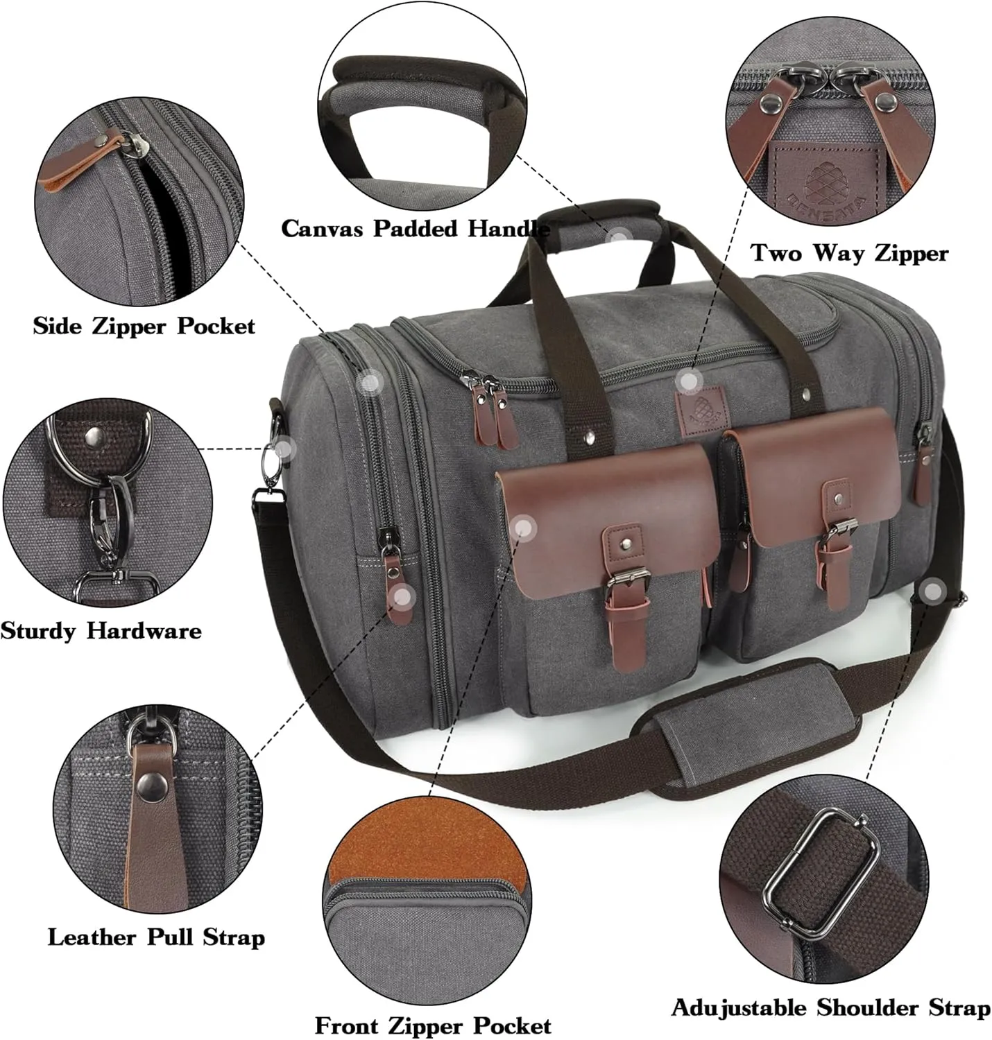 Canvas Duffle Bag for Men 60L Travel Duffel Bags Expandable Genuine Leather Duffel Overnight Weekender Carry On Bag Two Zipper Pockets Travel Bag (Grey, X Large-60L)