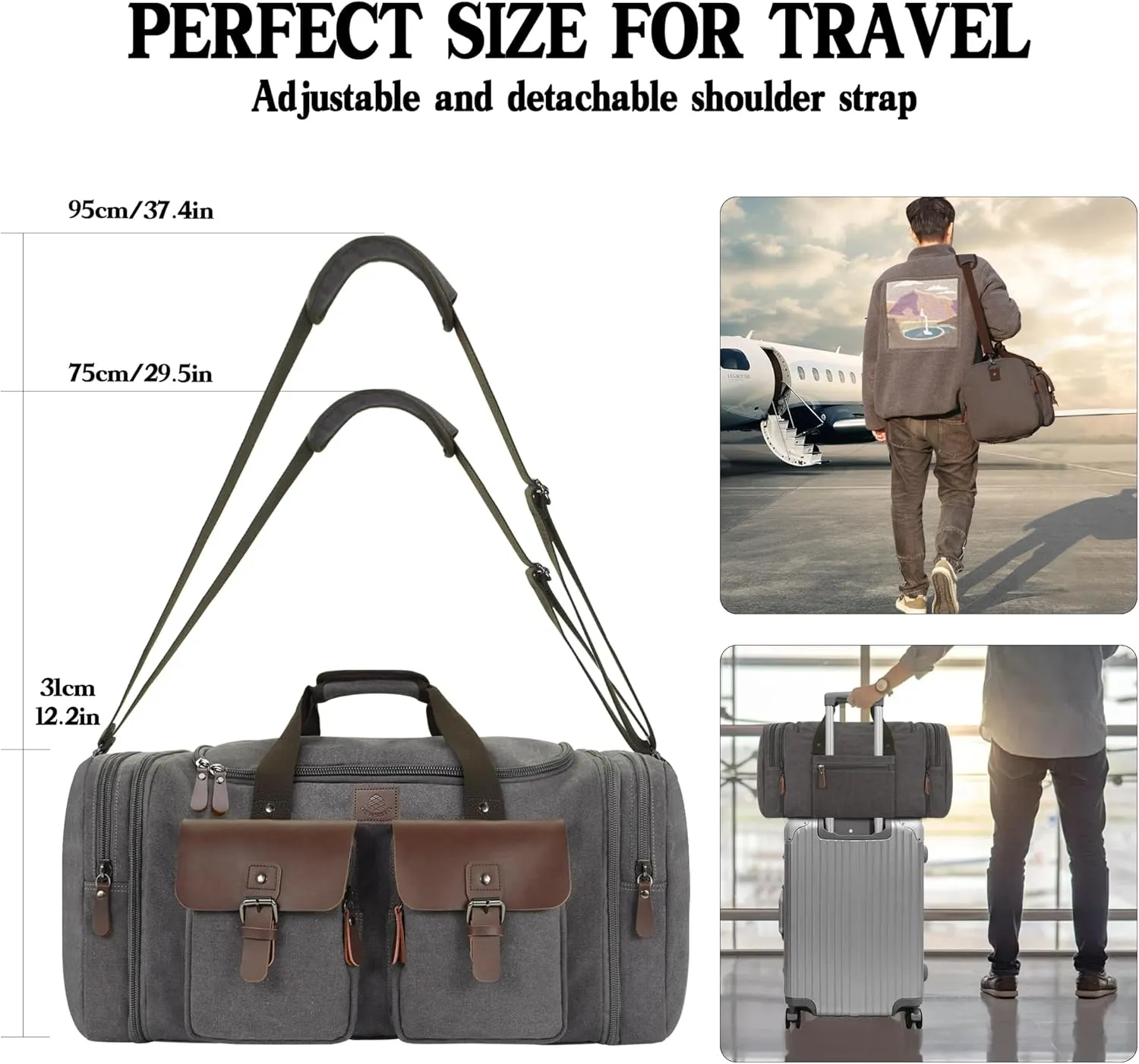 Canvas Duffle Bag for Men 60L Travel Duffel Bags Expandable Genuine Leather Duffel Overnight Weekender Carry On Bag Two Zipper Pockets Travel Bag (Grey, X Large-60L)