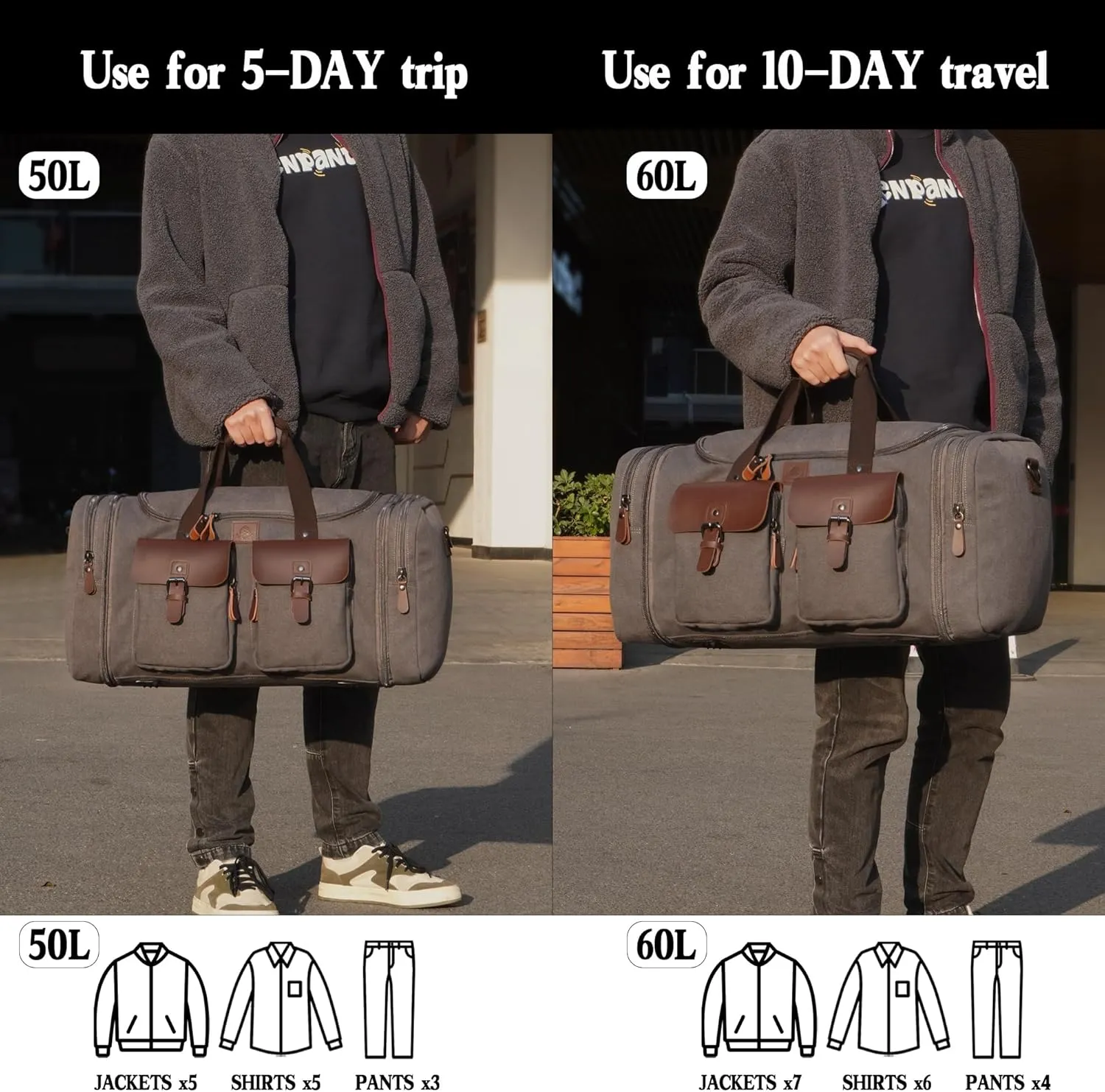 Canvas Duffle Bag for Men 60L Travel Duffel Bags Expandable Genuine Leather Duffel Overnight Weekender Carry On Bag Two Zipper Pockets Travel Bag (Grey, X Large-60L)