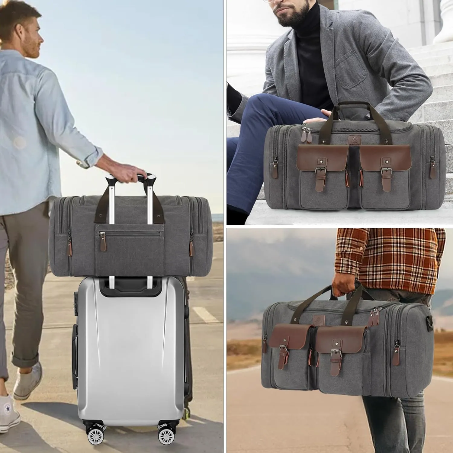 Canvas Duffle Bag for Men 60L Travel Duffel Bags Expandable Genuine Leather Duffel Overnight Weekender Carry On Bag Two Zipper Pockets Travel Bag (Grey, X Large-60L)