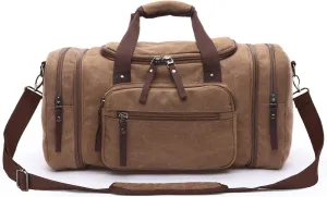 Canvas Duffle Bag for Men Women Travel, Expandable 50L Duffel Overnight Weekend Carry on Bag Coffee