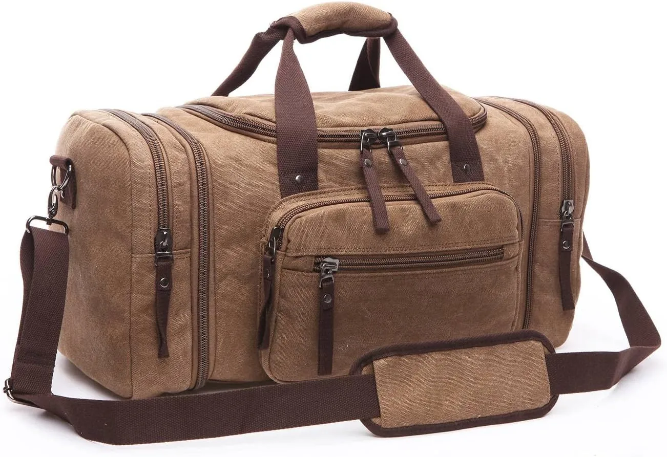 Canvas Duffle Bag for Men Women Travel, Expandable 50L Duffel Overnight Weekend Carry on Bag Coffee