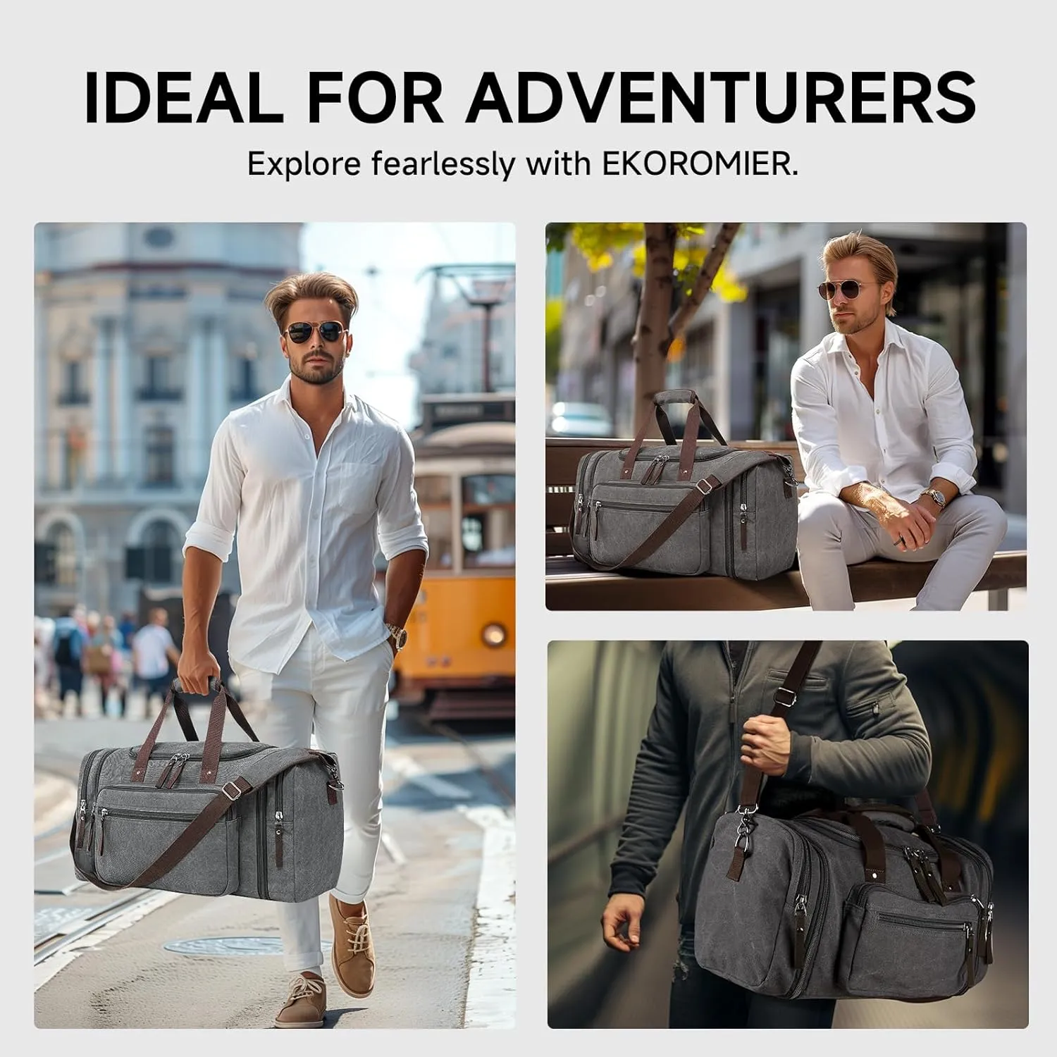 Canvas Expandable Duffle Bag for Men Traveling, Luggage Travel Bag Weekender Overnight Bag,Mens Gym Carry on Duffel Bags（Grey）