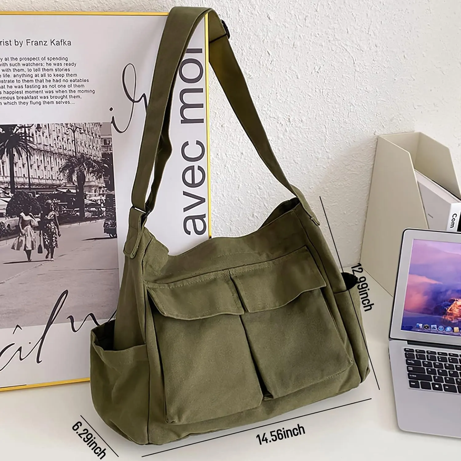 Canvas Messenger Bag Large Crossbody Bag Hobo Shoulder Handbags Multi Pocket Denim Tote Bag for Women and Men