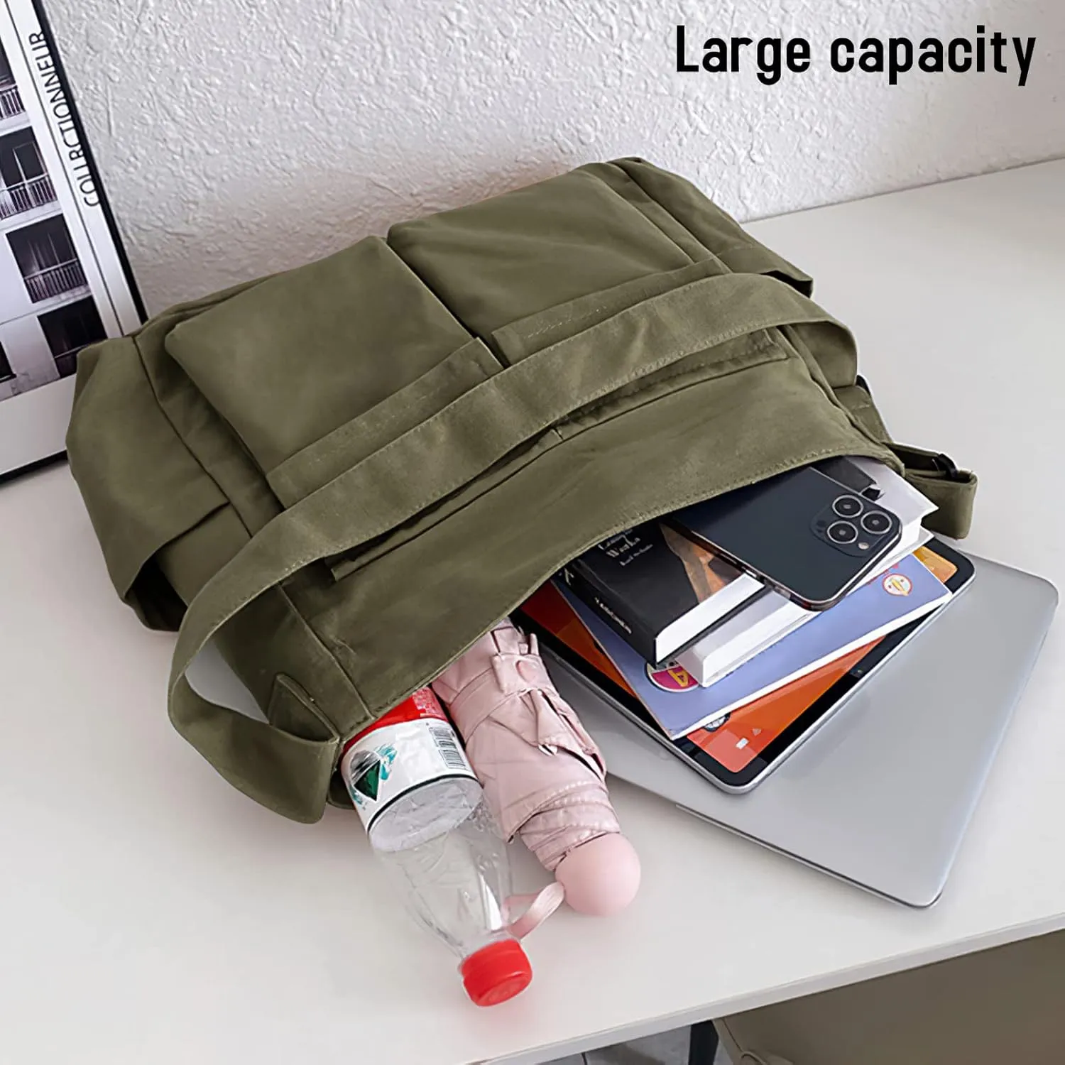 Canvas Messenger Bag Large Crossbody Bag Hobo Shoulder Handbags Multi Pocket Denim Tote Bag for Women and Men