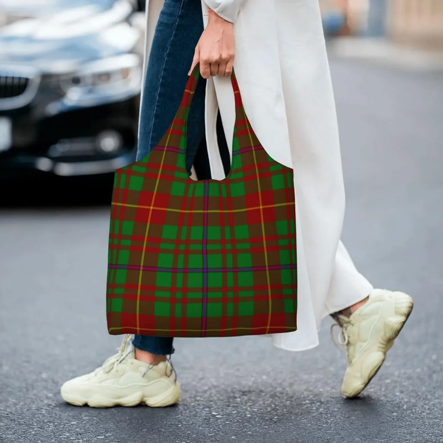 Canvas Shoulder Tote Bags For Women And Men, Reusable Grocery Bags, Large Capacity Glen Lyon District Tartan Printed
