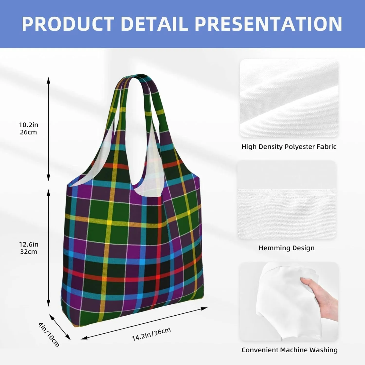 Canvas Shoulder Tote Bags For Women And Men, Reusable Grocery Bags, Large Capacity Glen Lyon District Tartan Printed