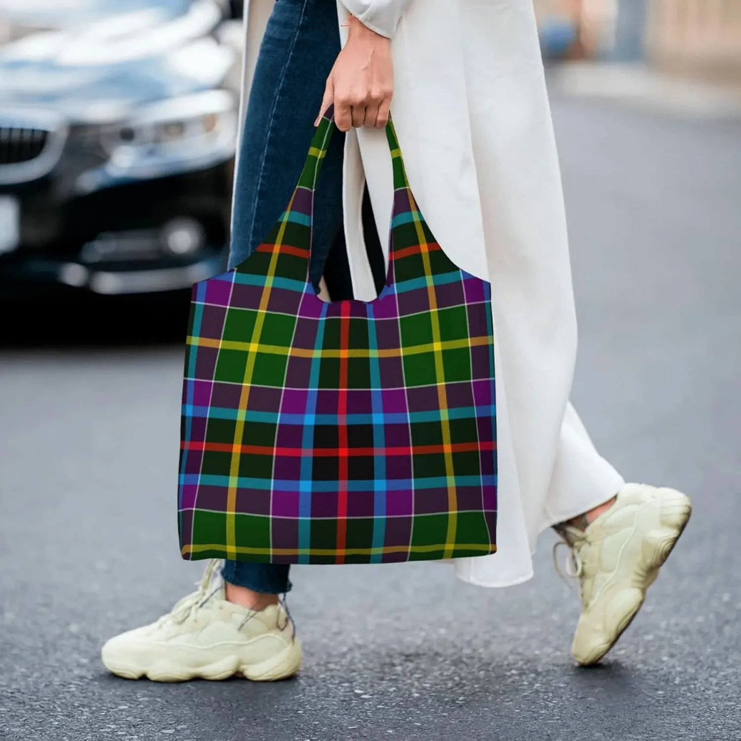 Canvas Shoulder Tote Bags For Women And Men, Reusable Grocery Bags, Large Capacity Glen Lyon District Tartan Printed