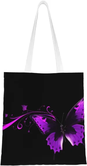 Canvas Tote Bag Aesthetic for Women purple and black butterfly Shopping Bags Large Tote Shoulder Bag Reusable Grocery Bags Hobo Bags Casual Handbags Cute Cloth Bags Birthday Gifts