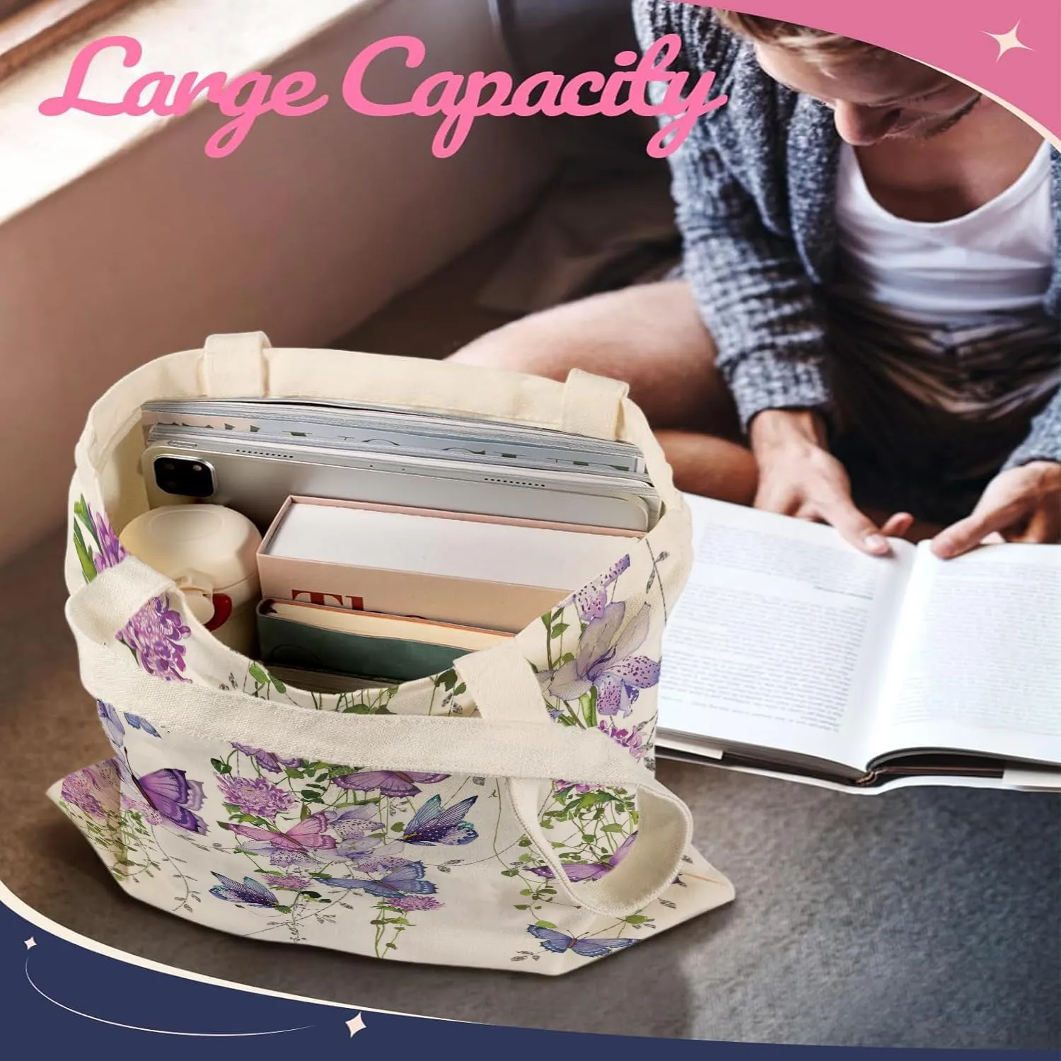 Canvas Tote Bag, Aesthetic Gifts for Women Book Shoulder Tote Bag Reusable Grocery Tote Bags with Pocket