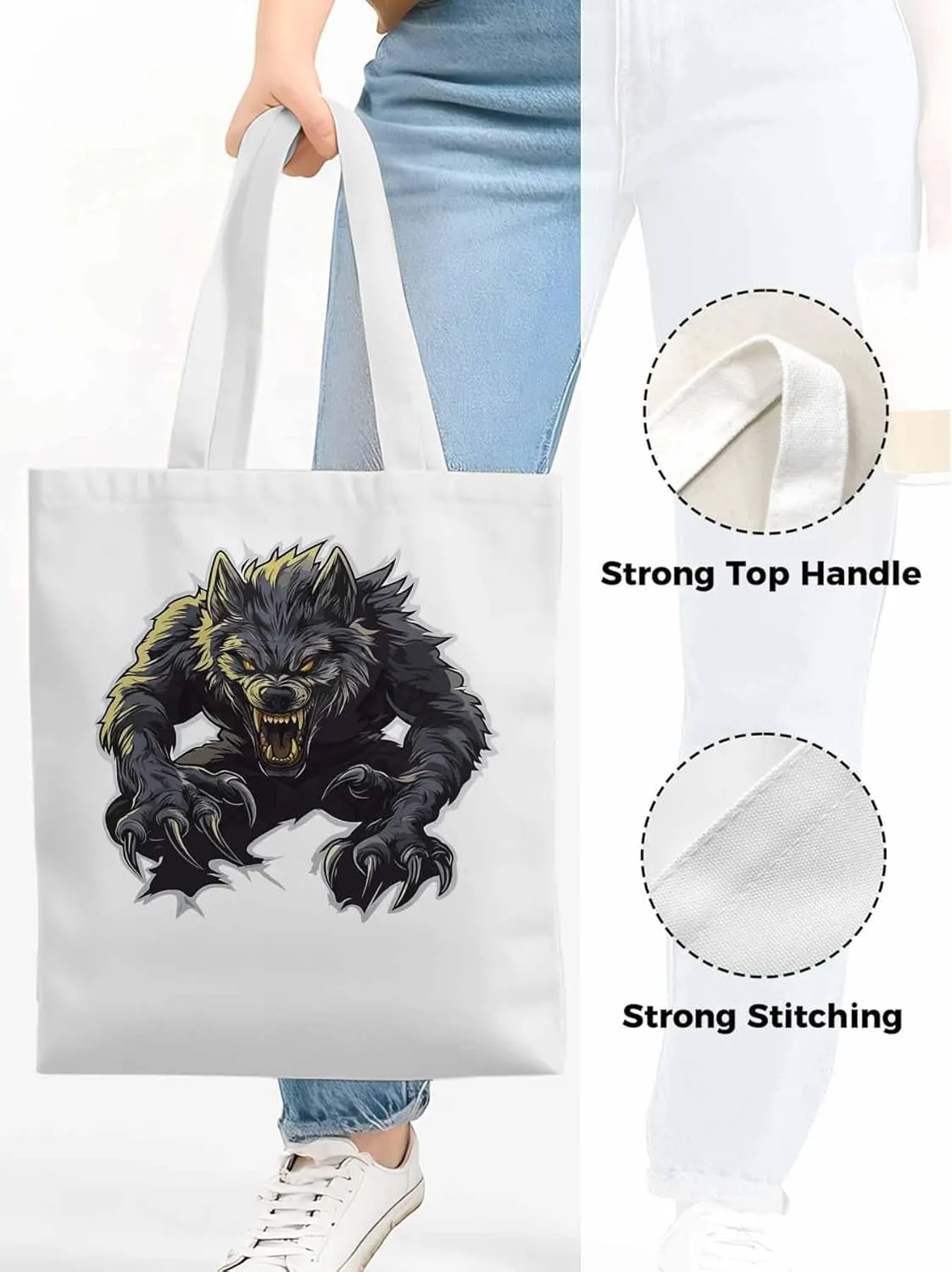 Canvas Tote Bag, Fierce Monsters Wolves Aesthetic Canvas Tote Handbags for Women Shoulder Bag