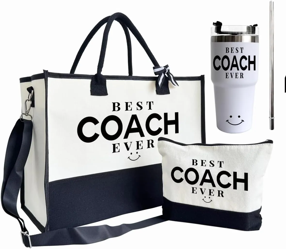 Canvas Tote Bag for Women, 20 oz Stainless Steel Water Cup, Best Coach Ever Tote Bag, Shoulder Beach Bag, Travel Bag Gifts for Coach, Canvas Tote Bag With Zipper, Mothers Day Birthday Christmas Gift