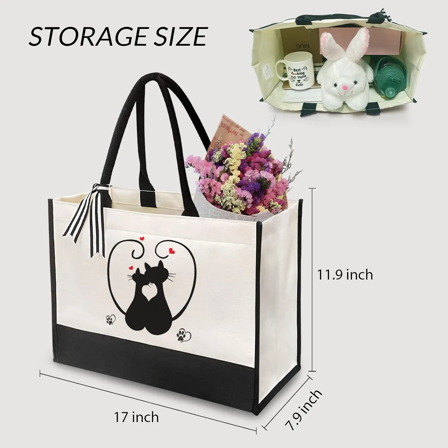 Canvas Tote Bag for Women - Beach Bag, Cat Lovers Tote, Bride & Bridesmaid Gift