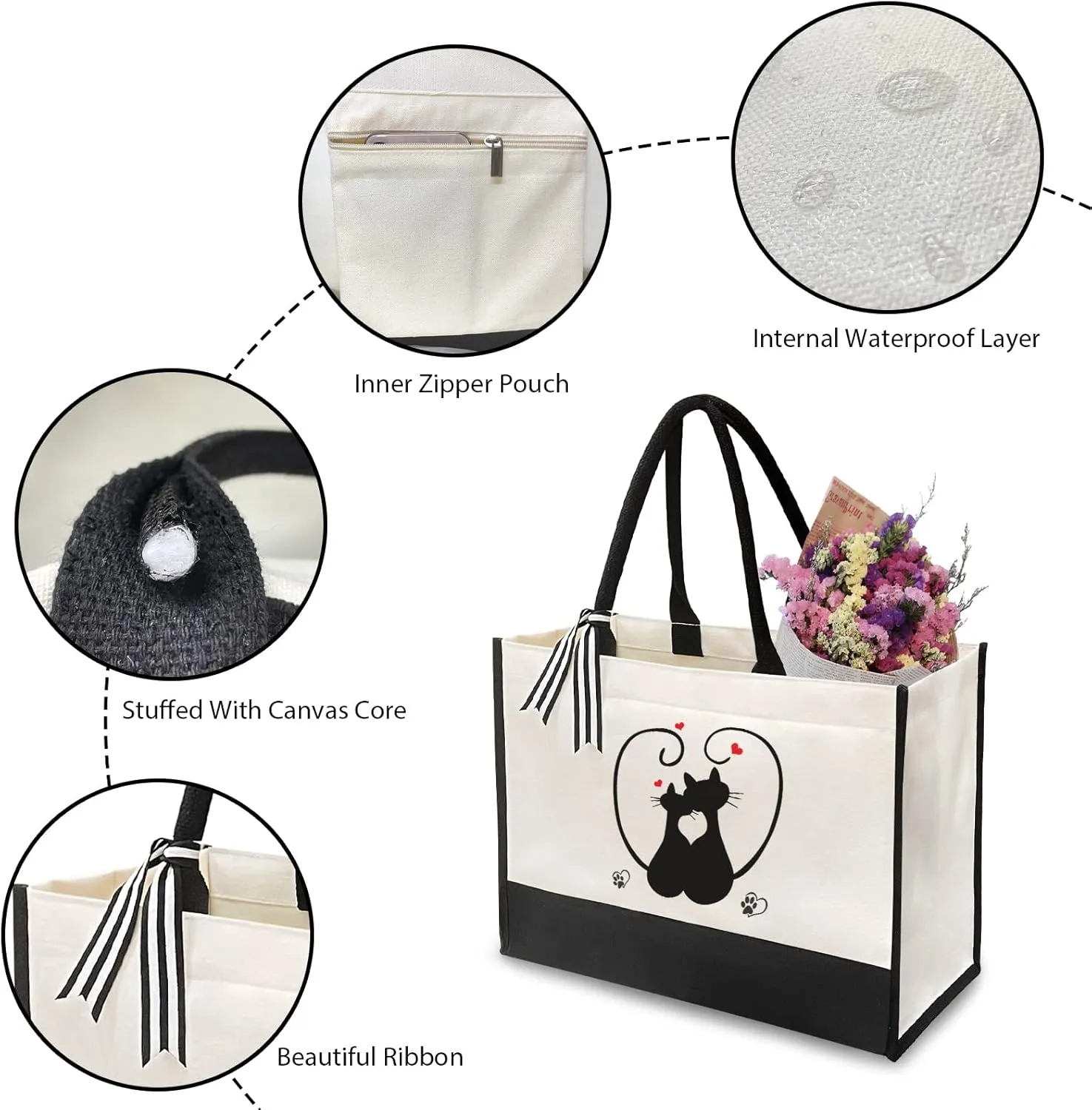Canvas Tote Bag for Women - Beach Bag, Cat Lovers Tote, Bride & Bridesmaid Gift