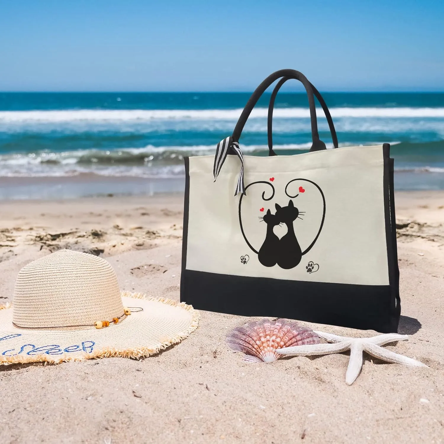 Canvas Tote Bag for Women - Beach Bag, Cat Lovers Tote, Bride & Bridesmaid Gift