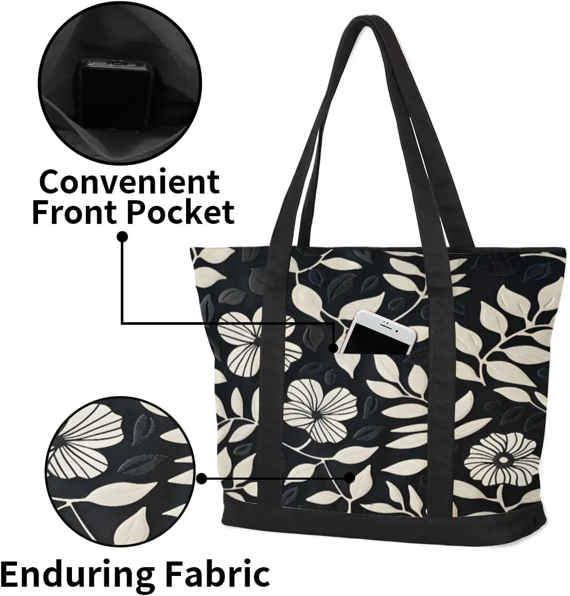 Canvas Tote Bag for Women Flower Reusable Grocery Shopping Bag with Zipper Women Gift
