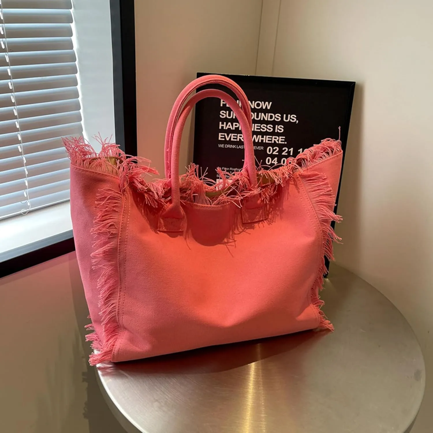 Canvas Tote Bag for Women with Tassel,Large Capacity Tassel Tote Bag Solid Canvas Commuter Handbag Shoulder Bag