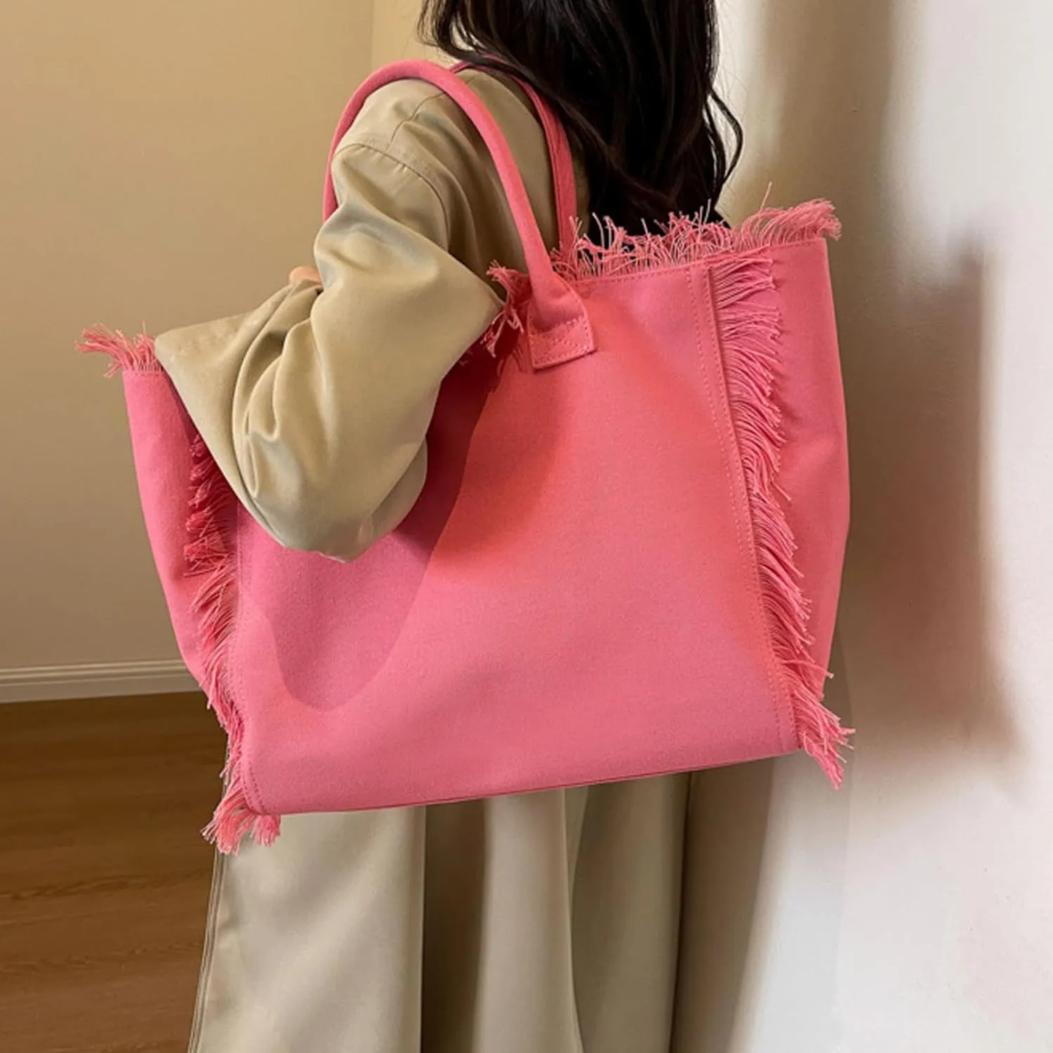 Canvas Tote Bag for Women with Tassel,Large Capacity Tassel Tote Bag Solid Canvas Commuter Handbag Shoulder Bag