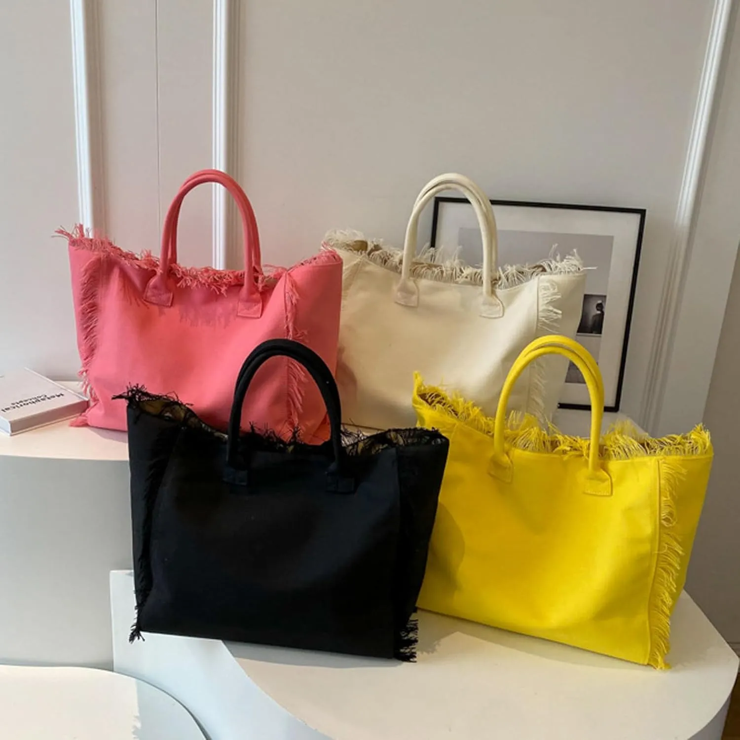Canvas Tote Bag for Women with Tassel,Large Capacity Tassel Tote Bag Solid Canvas Commuter Handbag Shoulder Bag