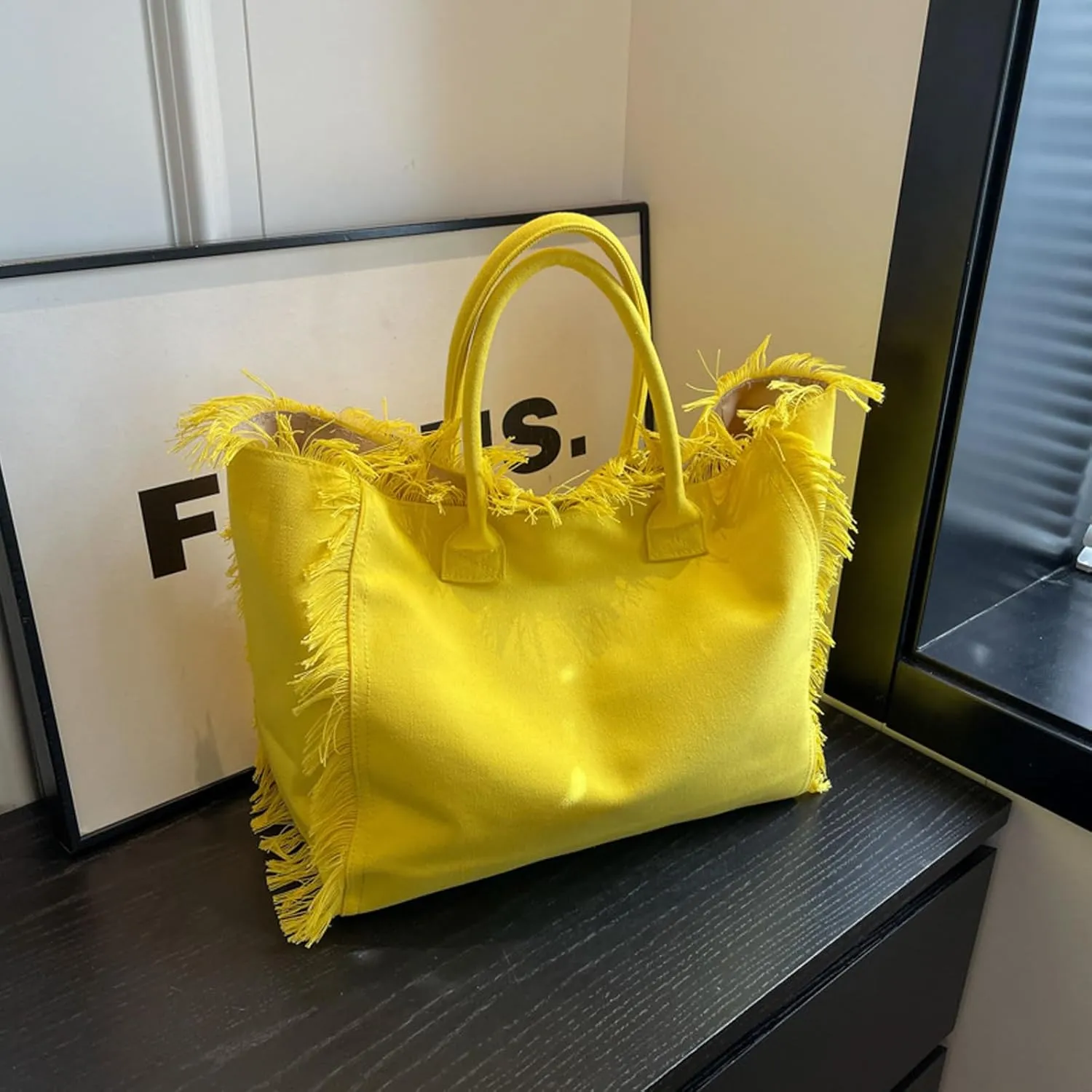 Canvas Tote Bag for Women with Tassel,Large Capacity Tassel Tote Bag Solid Canvas Commuter Handbag Shoulder Bag