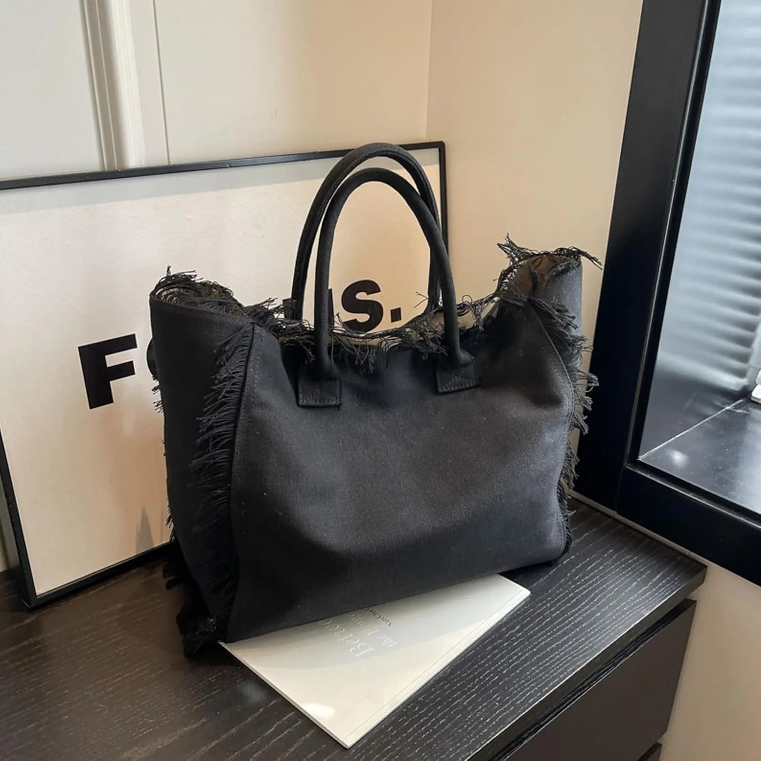 Canvas Tote Bag for Women with Tassel,Large Capacity Tassel Tote Bag Solid Canvas Commuter Handbag Shoulder Bag