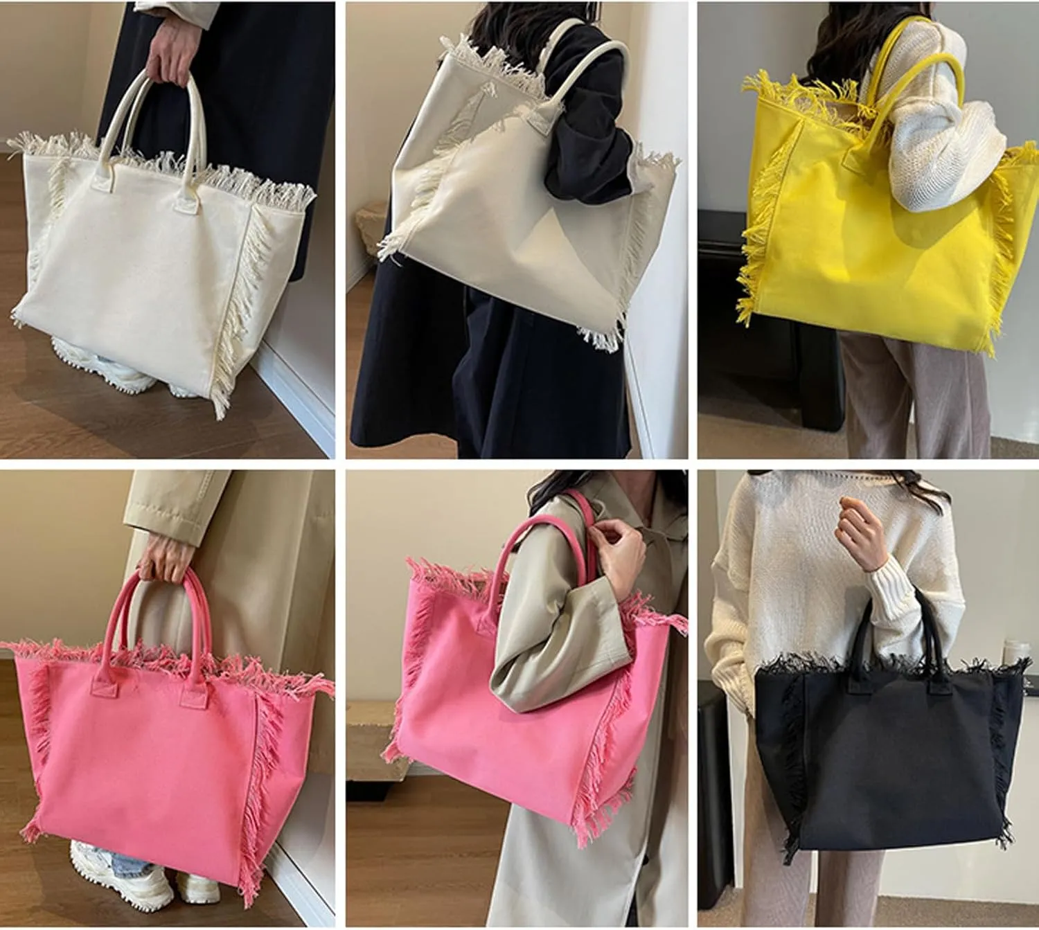 Canvas Tote Bag for Women with Tassel,Large Capacity Tassel Tote Bag Solid Canvas Commuter Handbag Shoulder Bag