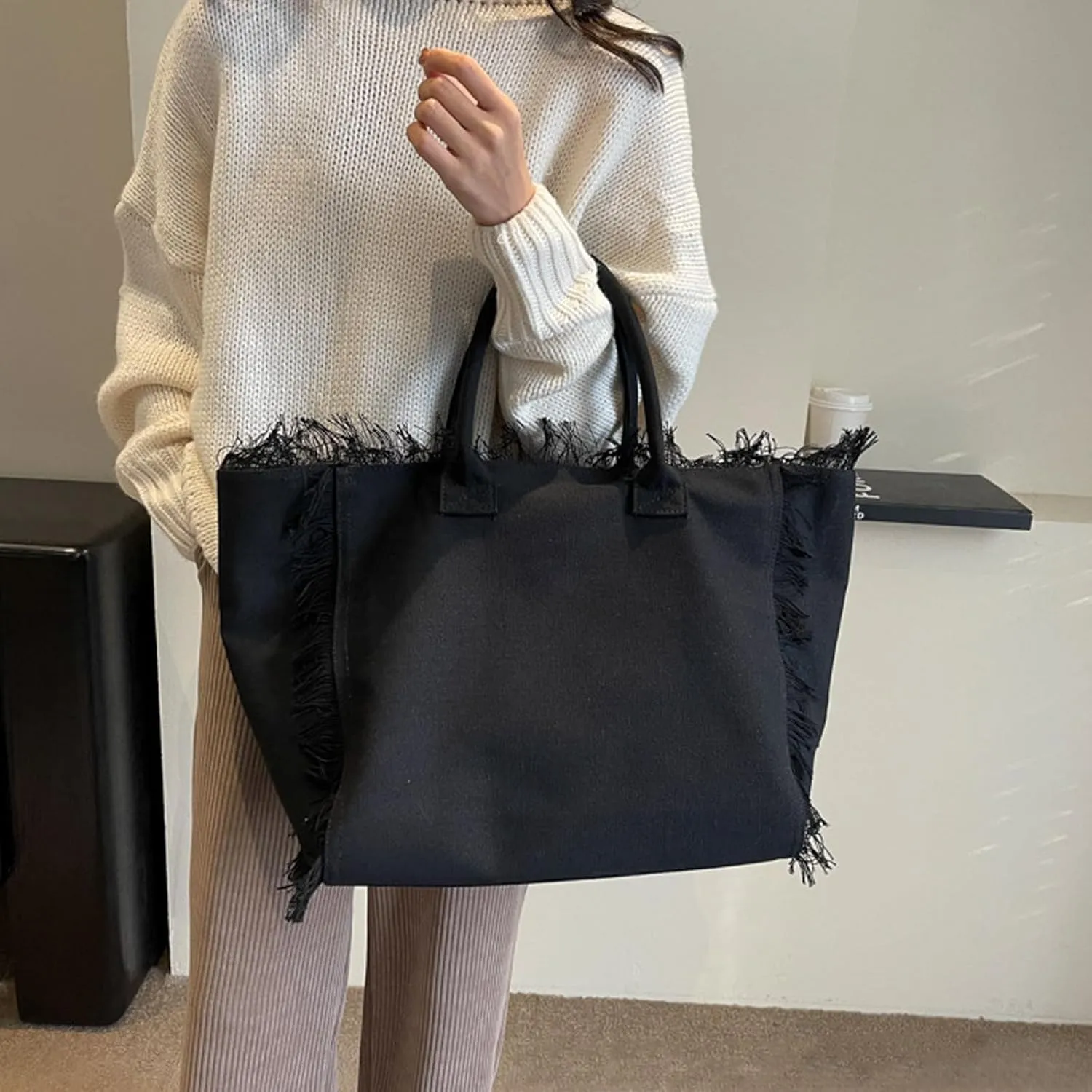 Canvas Tote Bag for Women with Tassel,Large Capacity Tassel Tote Bag Solid Canvas Commuter Handbag Shoulder Bag