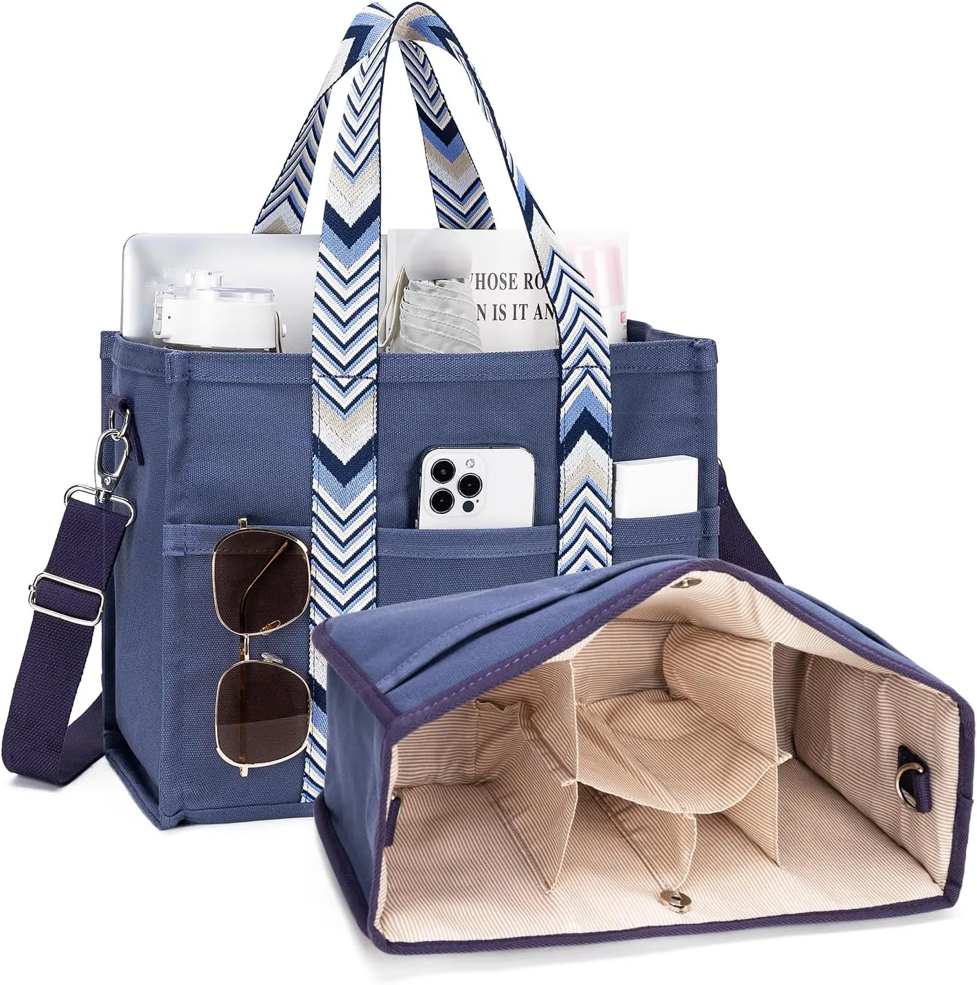 Canvas Tote Bag Set with Purse Bag Organizer Insert, Travel Tote Handbag Shoulder Bag with Zipper Crossbody Purse for Women