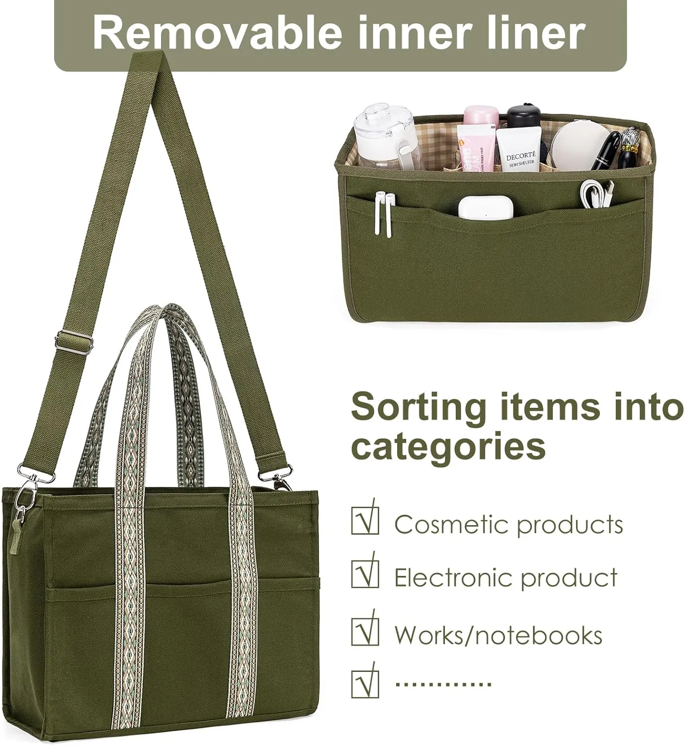 Canvas Tote Bag Set with Purse Bag Organizer Insert, Travel Tote Handbag Shoulder Bag with Zipper Crossbody Purse for Women