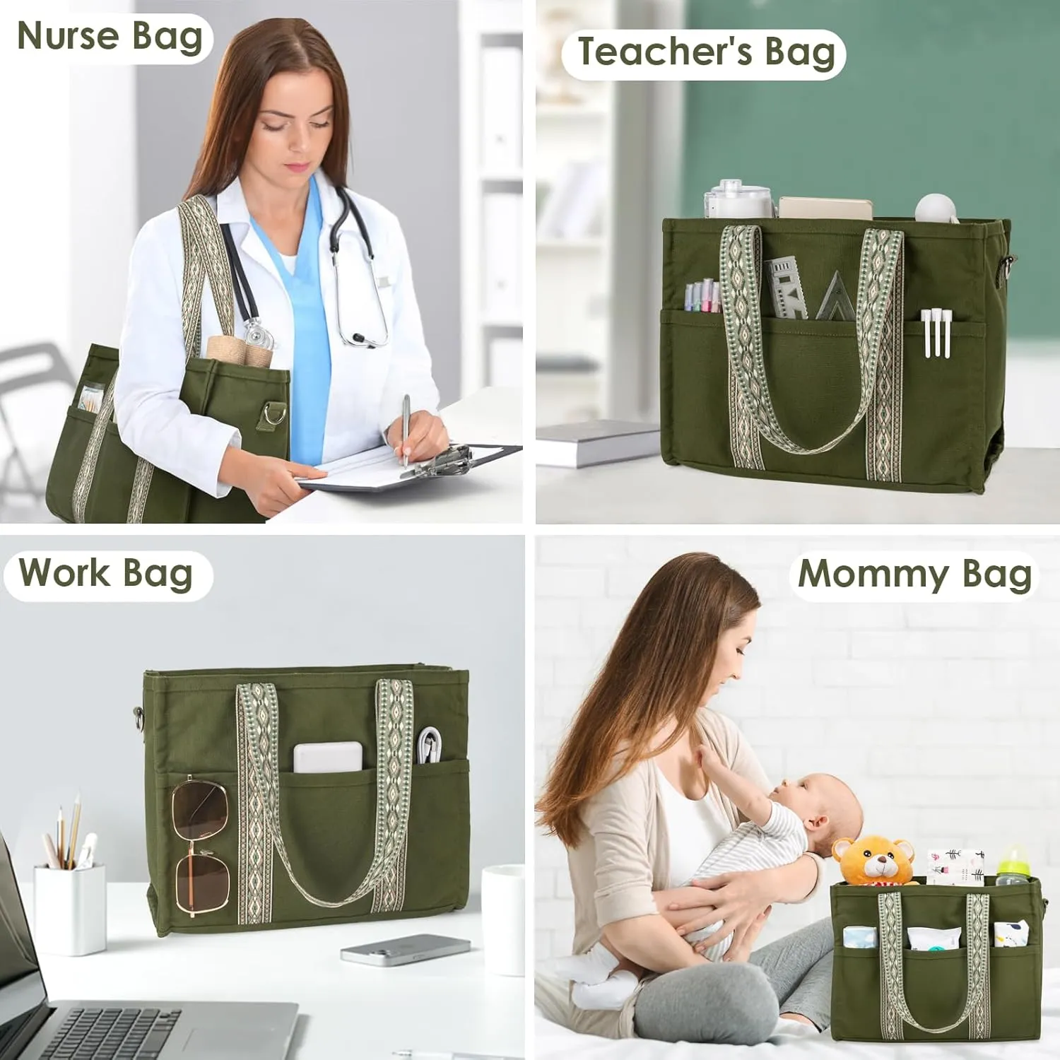 Canvas Tote Bag Set with Purse Bag Organizer Insert, Travel Tote Handbag Shoulder Bag with Zipper Crossbody Purse for Women